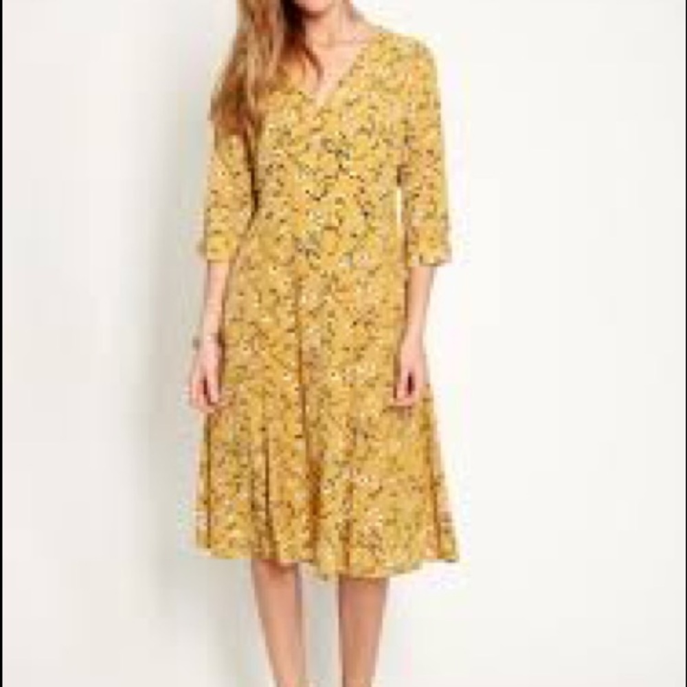 Ruche Floral Print Yellow Midi Dress
